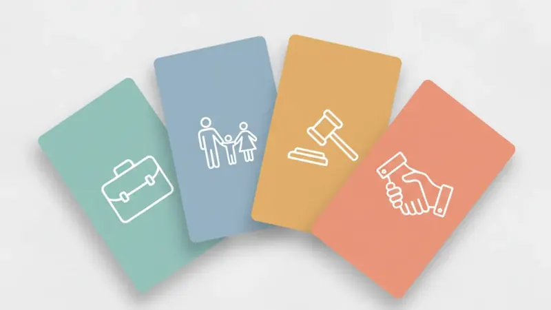 Les 4 spécialités juridiques couvertes par un chatbot avocat : affaires, famille, pénal, travail