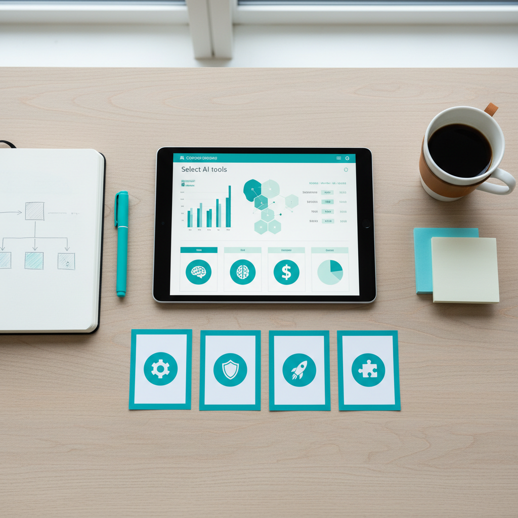 Critères de choix d'un chatbot IA pour entreprise : tableau de bord comparatif avec icônes de critères décisifs