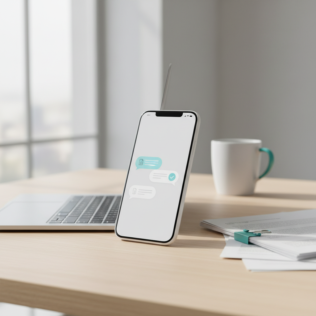 Smartphone affichant un chatbot IA à côté de documents sur un bureau moderne