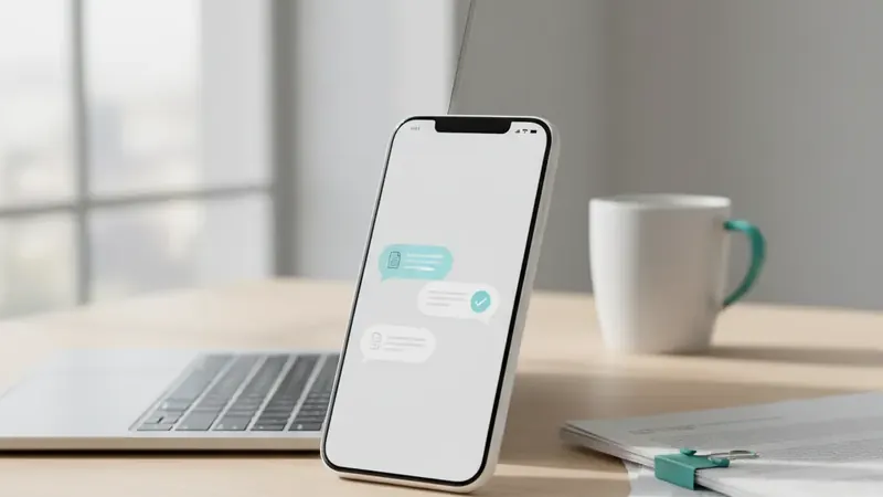 Smartphone affichant un chatbot IA à côté de documents sur un bureau moderne