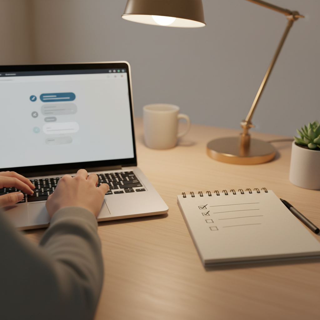 Personne utilisant ChatGPT pour créer une FAQ sur un laptop avec une checklist