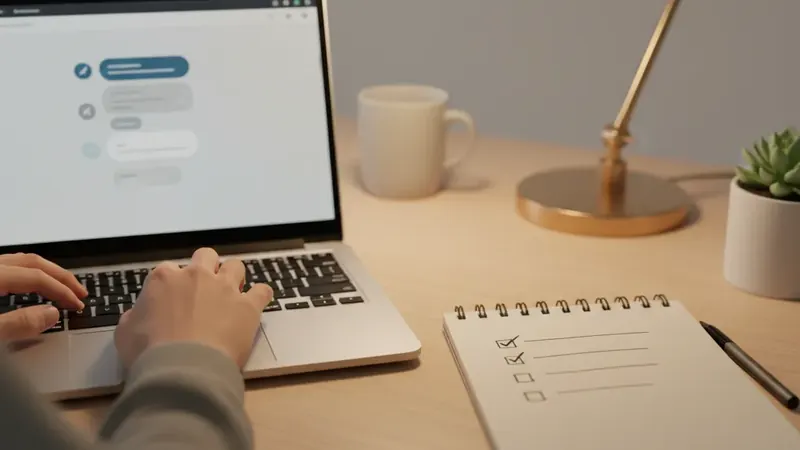 Personne utilisant ChatGPT pour créer une FAQ sur un laptop avec une checklist