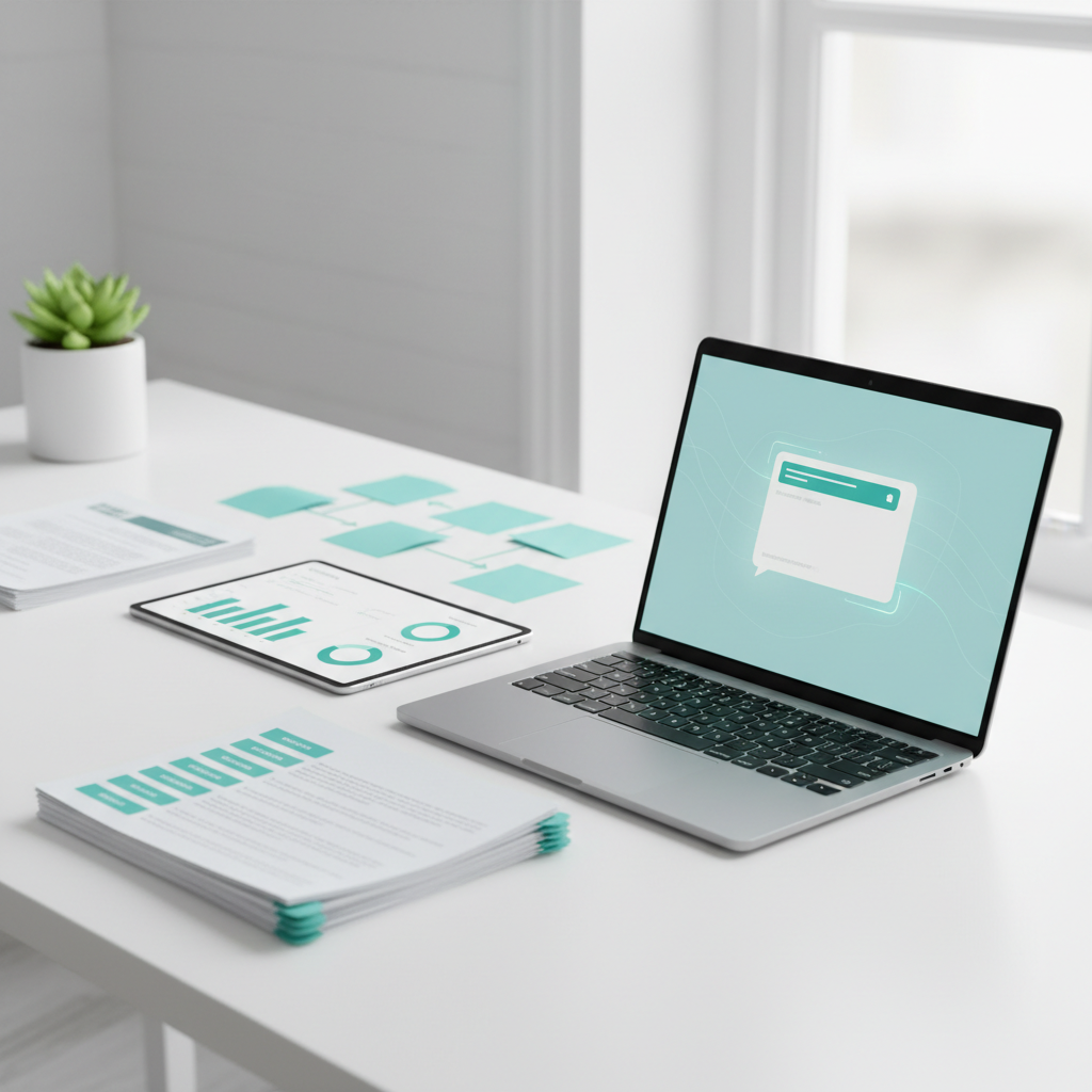 Espace de travail organisé avec documents de boutique en ligne prêts à alimenter un chatbot IA : fiches produits, FAQ, politique de retour